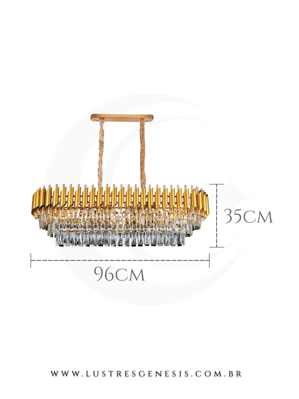 Lustre pendente de cristal Líbia contemporâneo dourado, com design retangular, medindo 96cm de largura por 35cm de altura, ideal para sala de jantar ou estar.